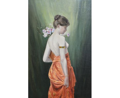 Manner of Agapit Stevens, portrait of a girl with gold armband, oil painting, relined canvas, picture 76cm x 51cm, frame 71cm