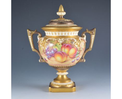 Royal Worcester twin handled pot pourri vase and cover, shape H314, hand-painted with fruit by John Freeman, signed, height 2