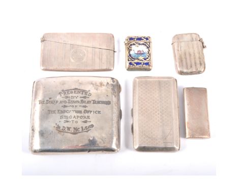 Silver visiting card case, Birmingham 1919, engine-turned with monogram, 8.5cm, a presentation cigarette card ( ...Education 