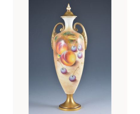 A Royal Worcester vase and cover, shape 2710/3, painted with fruit, signed Roberts, 26cm.