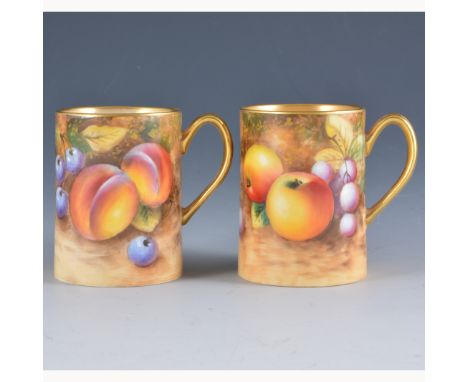 A pair of Royal Worcester small tankards, tapering straight sided form, painted with fruit, signed Roberts, 7cm, (2).