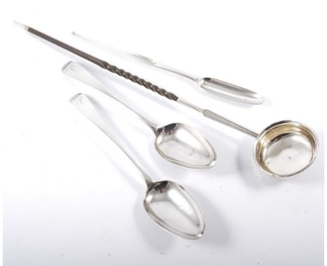A George III silver marrow scoop, indistinctly marked, probably London 1787, 24cm; two Irish Hanovarian pattern tablespoons, 