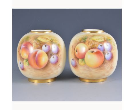 A pair of Royal Worcester small ovoid vases, painted with fruit, signed Roberts, 8cm, (2).
