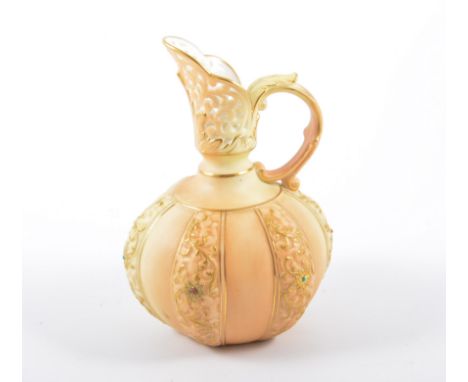 Grainger & Co Worcester ornamental ewer, lobed design with reticulated spout, lush ground, 14cm.