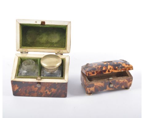 Victorian tortoiseshell and ivory lined scent bottle case, casket shaped, fitted with two bottles, width 7cm; and a Victorian