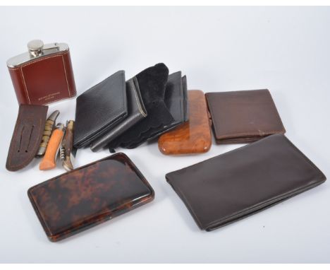 A burr wood cigar case, three section interior, 15cms, a simulated tortoiseshell cigar case, a cigarette box, a hip flask, le