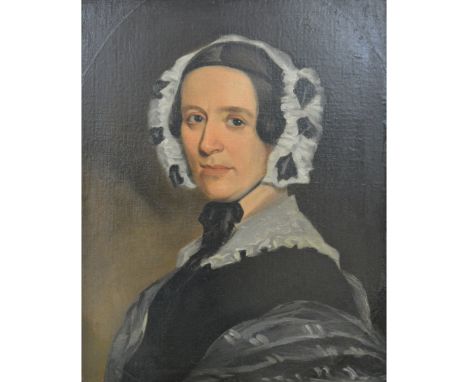 Victorian School, portrait of a lady in a lace bonnet, circa. 1850, oil on relined canvas, substantial over-painting, 39cm x 