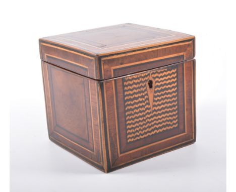George III inlaid mahogany cuboid tea caddy, with crossbanding stringing and a herringbone panel, width 13cm.