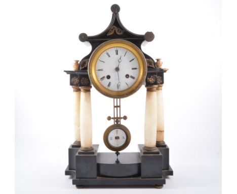 French ebonised portico clock, 19th Century, white enamelled dial, signed Rollin á  Paris, movement striking on a gong, casin