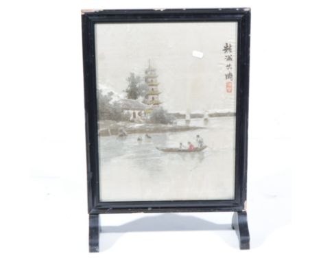 Chinese tapestry firescreen, lacquered frame (the silk work likely made for export market), and an Victorian paper mache oval