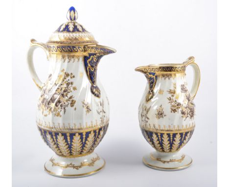 Chamberlains Worcester wrythen moulded jug, with lid, hand painted with floral sprays within blue and gilt borders, armorial 