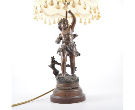 French spelter table lamp with shade, Automne after Rancoulet, with shade, 55cm overall.