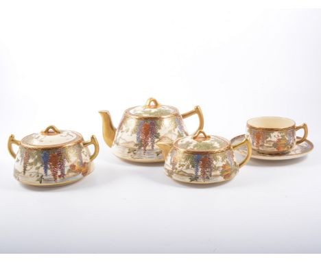 Japanese Satsuma part tea set, decorated in coloured enamels, comprising teapot, milk jug, sugar bowl, two cups and saucers a