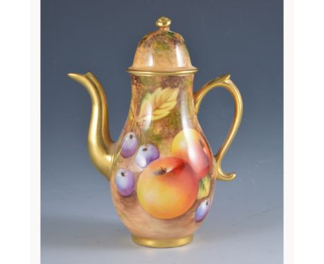 A Royal Worcester miniature coffee pot and cover, date mark for 1960, painted with fruit, signed Roberts, 13cm.