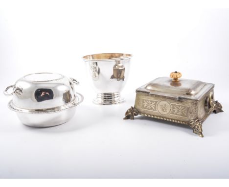 A Victorian plated sardine box, width 18cm, Hotelware tea service and other plated ware including cutlery.