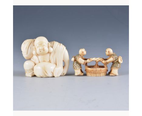 A Japanese carved ivory netsuke, two servants washing at a barrel, two character mark, Meiji, 5cm, and another Japanese carve