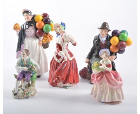 Royal Doulton, The Old Balloon Man HN1954, 19cm, The Old Balloon Seller HN1315, Biddy Penny Farthing HN1843, two lady figures