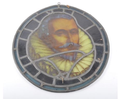 Leaded and stained glass panel, portrait of a gentleman (Sir Francis Drake?), diameter 35cm.