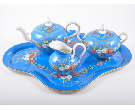 A blue cabaret tea set, small tea bowls, pair of Coalport pink vases, the fields painted with exotic birds and and floral pan