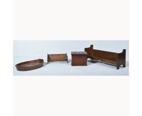 George III style 'coopered' mahogany oval tray, with brass bands, width 47cm; a pipe stand, and two oak book racks, and a nee
