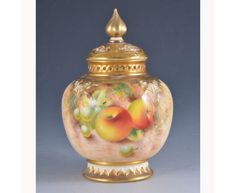 A Royal Worcester pot pourri vase and cover, shape H278, date mark for 1956, painted with fruit, signed Roberts, 14cm.