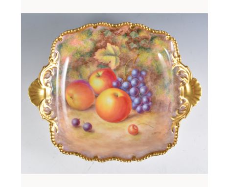 A Royal Worcester square twin handled dish, shaped rim with twin shell handles, painted number 695R, painted with fruit by Ha