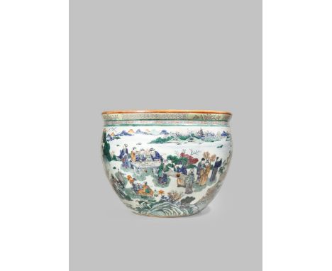 A MASSIVE CHINESE WUCAI 'SCHOLARS' SCROLL BOWL EARLY 19TH CENTURY The ovoid body painted in enamels, gilt and underglaze blue