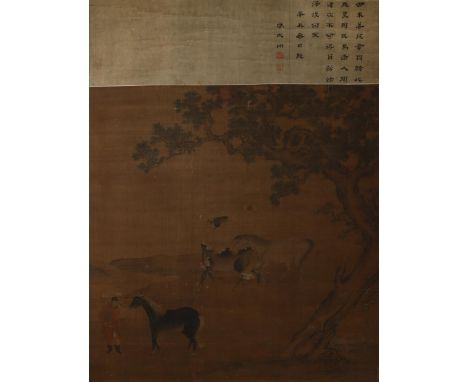 ANONYMOUS (MING/QING DYNASTY) HORSES A Chinese scroll painting, ink and colour on silk, inscribed with a signature reading Fe