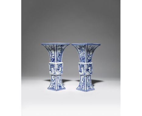 A PAIR OF RARE CHINESE BLUE AND WHITE EROTIC SUBJECT SQUARE-SECTION VASES, FANGGU KANGXI 1662-1722 Each vase painted with sce