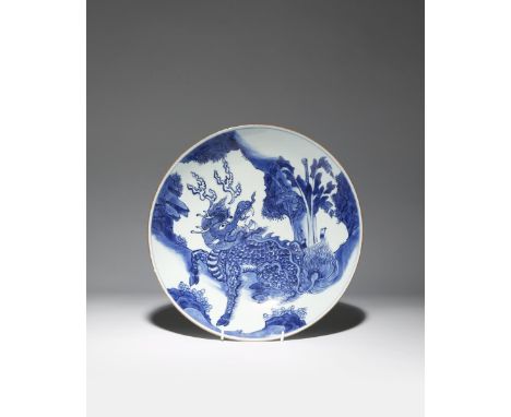 A CHINESE BLUE AND WHITE 'QILIN' DISH SHUNZHI 1644-61 Painted with the scaly mythical beast with its front right leg raised a