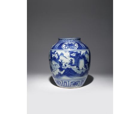 A LARGE CHINESE BLUE AND WHITE 'LANDSCAPE' VASE WANLI 1573-1620 The ovoid body painted with a continuous scene of houses and 