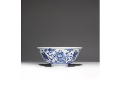 A CHINESE IMPERIAL BLUE AND WHITE 'SANXING' BOWL SIX CHARACTER QIANLONG MARK AND OF THE PERIOD 1736-95 Decorated to the exter