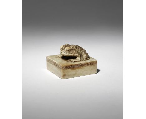 A RARE CHINESE SOAPSTONE 'TOAD' SEAL 18TH/19TH CENTURY Carved as a toad sitting upon a square base, rendered with the details