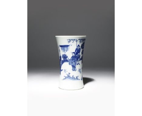 A CHINESE BLUE AND WHITE 'PING SHENG SAN JI' BRUSHPOT, BITONG TRANSITIONAL C.1640 The waisted body flaring at the foot and to