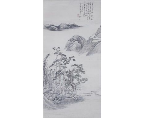 QING KUAN (1848-1927) LANDSCAPE A Chinese scroll painting, ink and colour on paper, signed and dated the bingchen year (1916)