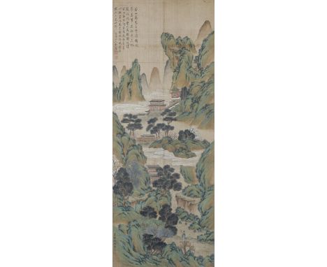 AFTER ZHAO BOJU (EARLY QING DYNASTY) LANDSCAPE A Chinese scroll painting, inscribed and signed by Wang Peng, title-slip by Zh