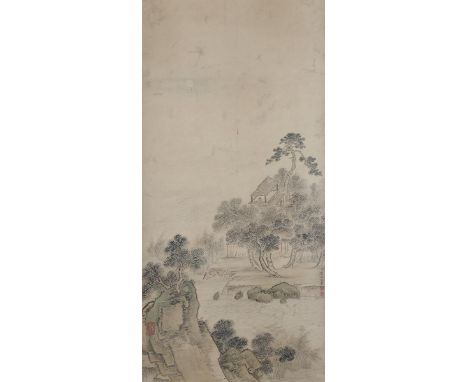 YUAN YING (QING DYNASTY) ADMIRING THE FULL MOON A Chinese scroll painting, ink and colour on paper, title-slip by Chen Songqi