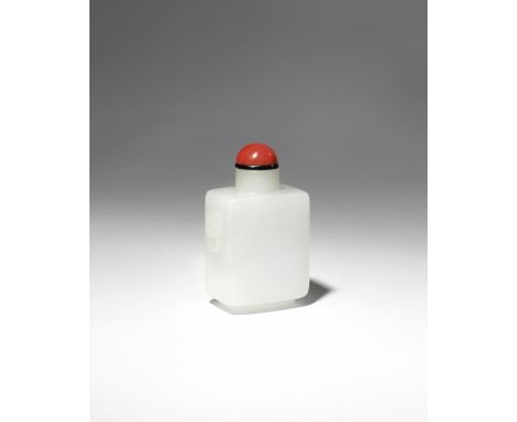 A CHINESE WHITE JADE RECTANGULAR-SECTION SNUFF BOTTLE 19TH CENTURY The plain body surmounted by a cylindrical neck and flanke