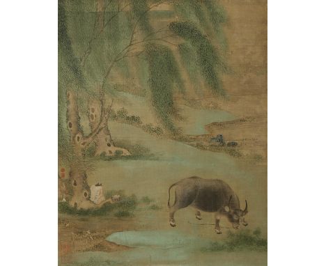 YUAN HUANZHI (MING/QING DYNASTY) ACCOMPANYING A WATER BUFFALO A Chinese painting, ink and colour on silk, with two artist's s