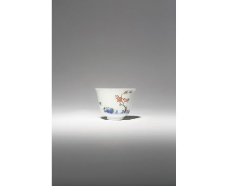 A CHINESE IMPERIAL WUCAI 'APRICOT BLOSSOM' MONTH CUP SIX CHARACTER JIAQING MARK AND OF THE PERIOD 1796-1820 The deep flaring 