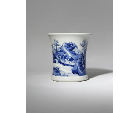 A CHINESE BLUE AND WHITE 'LANDSCAPE' BRUSHPOT, BITONG KANGXI 1662-1722 The waisted cylindrical body flaring towards the mouth