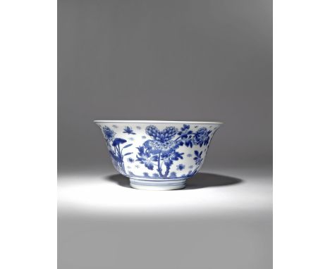 A CHINESE BLUE AND WHITE 'INSECTS AND FLOWERS' BOWL KANGXI 1662-1722 The deep U-shaped body rising from a slightly tapering f