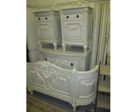 Modern French style cream finished double bedstead with pair of matching bedside cabinets and a three drawer commode type che