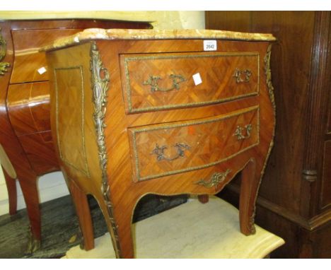 Mid 20th Century French kingwood and ormolu mounted two drawer commode with a flecked marble top on cabriole supports