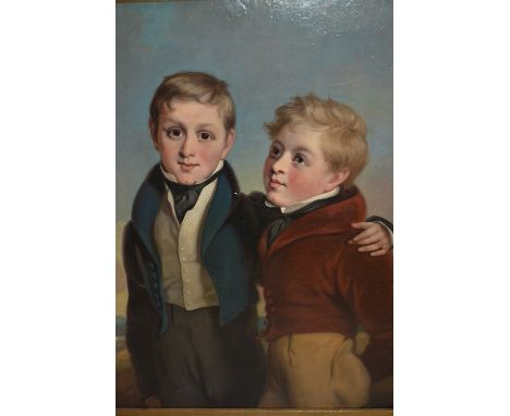 19th Century English school oil on board, double portrait of two boys standing in a landscape, unsigned, 17.5ins x 13ins, gil