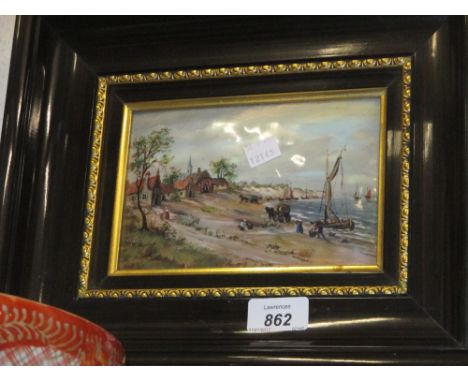 20th Century French enamel plaque by Helca, printed with a coastal scene in a parcel gilt frame