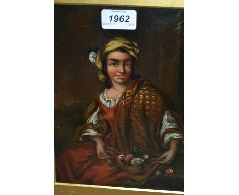 Framed and glazed 19th Century oil, portrait of a seated lady with gathered flowers on her lap, 9.5ins x 7ins