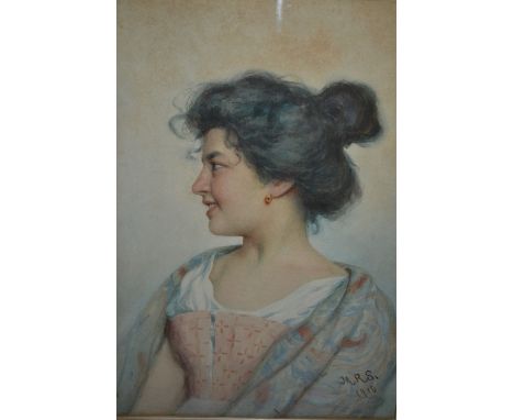 Well executed watercolour, portrait of a young lady, monogrammed M.R.S., dated 1910, 16ins x 11.5ins