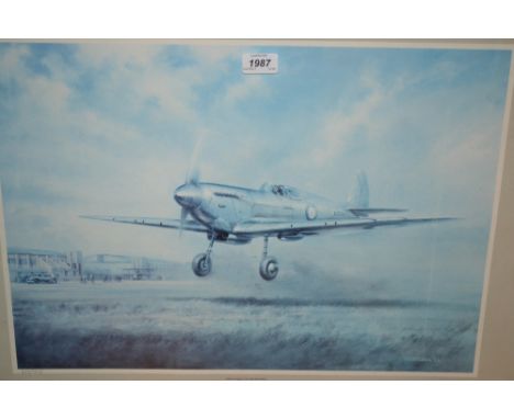 Limited Edition print by J.W. Mitchell, first flight of the spitfire, signed by test pilots and artist (faded)