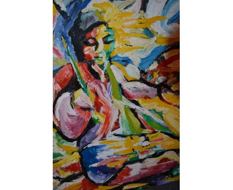 Large mid 20th Century oil on board, stylised female portrait study